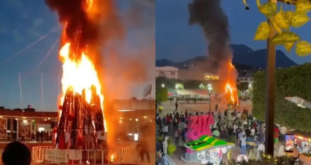 Incendian árbol de Navidad monumental en Michoacán para protestar contra el asesinato de una mujer